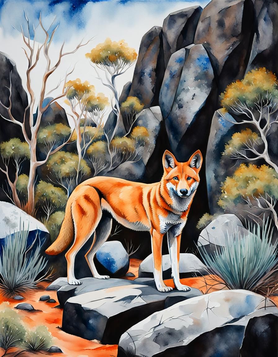 Dingo in Australian Outback: Surrealist Watercolor Painting