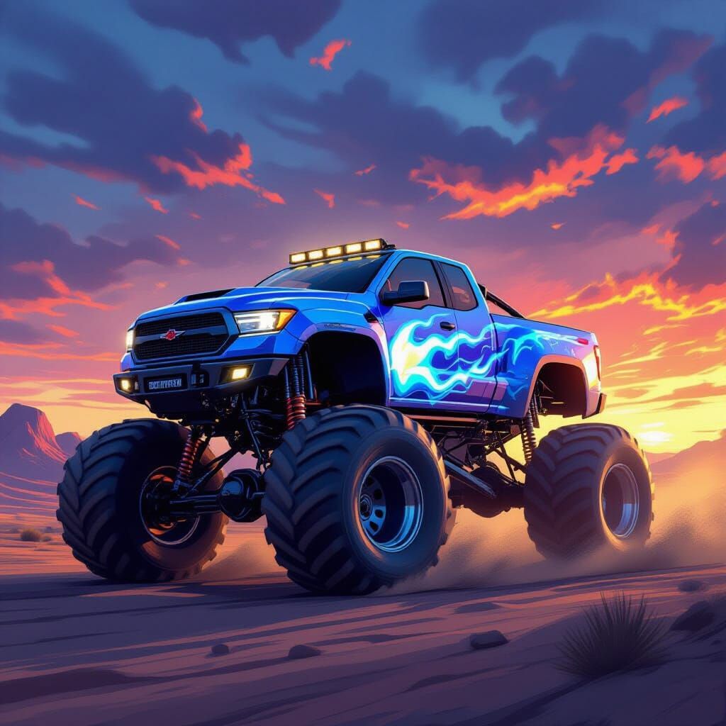 Monster Truck in Epic Sunset Landscape
