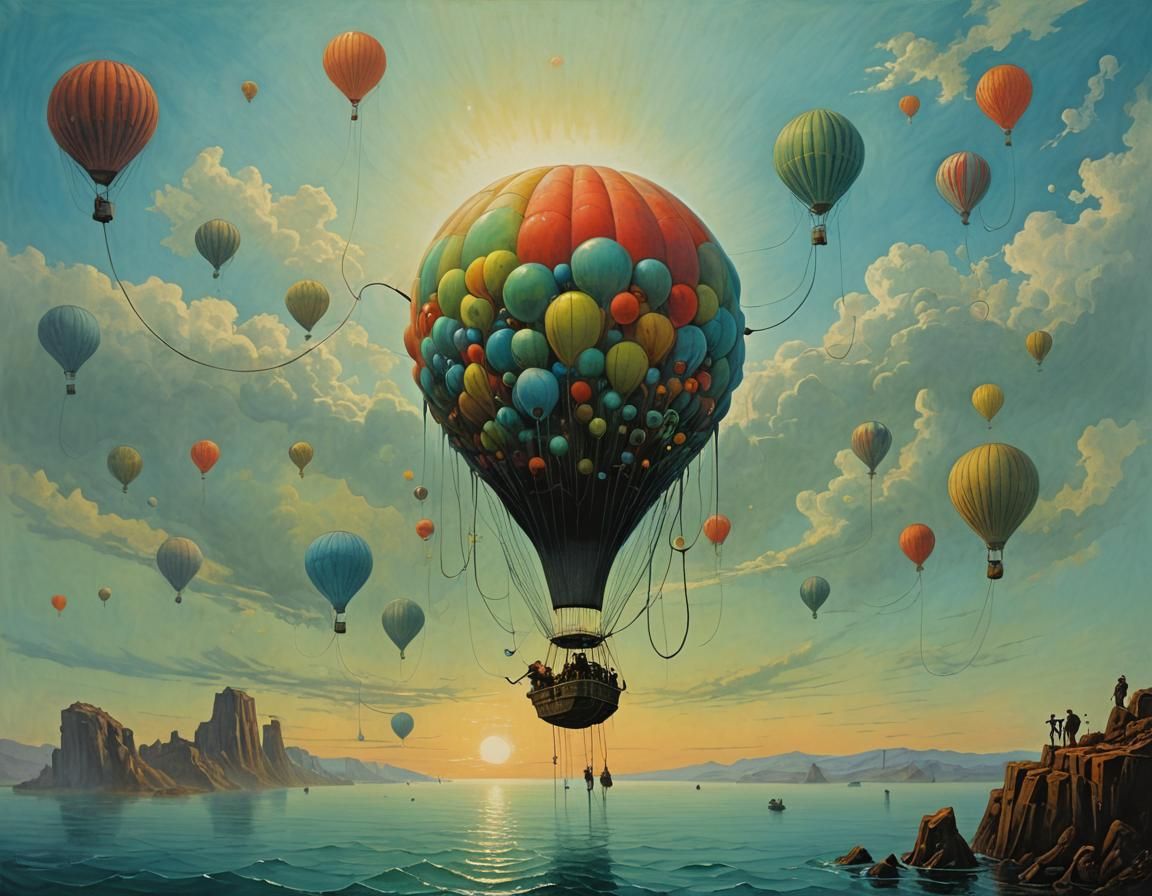 Surreal Monkey Sea Barrage Balloon, Abstract Gouache Art