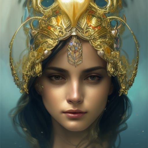 Bejeweled Floral Armored Queen Portrait in Gold