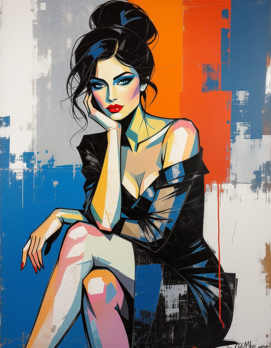 Melancholic Woman in Grunge Abstract Style