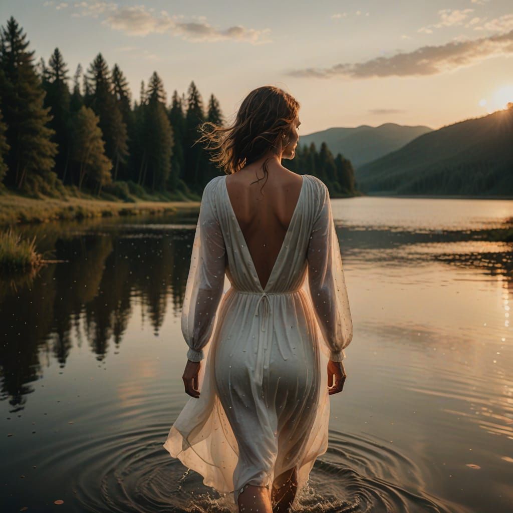Ethereal Summer Evening, Woman Emerging from the Lake