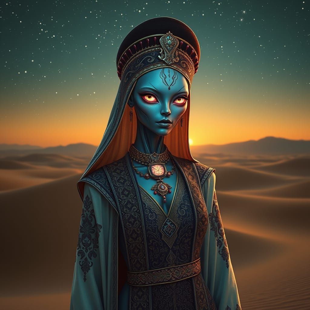 Alien Goddess in Ottoman-Inspired Cyberpunk Attire
