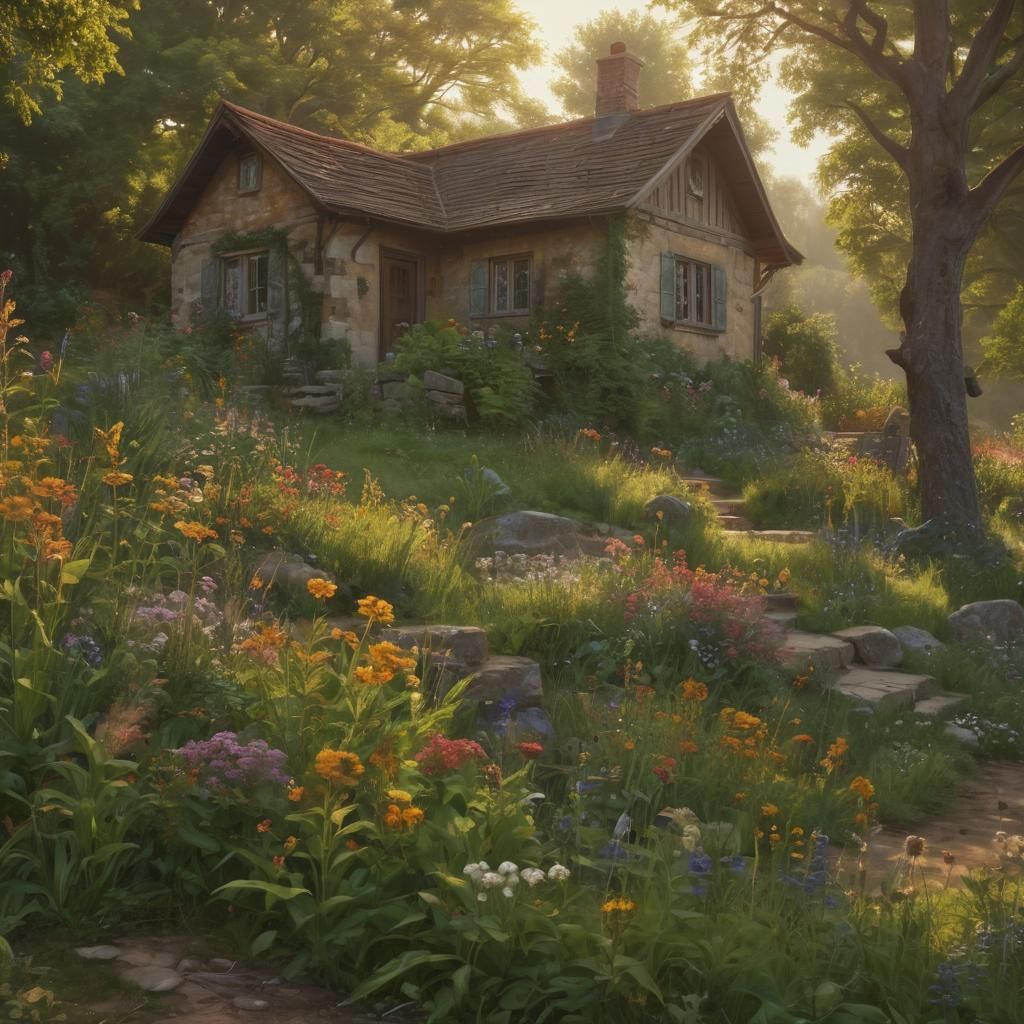 Idyllic Countryside Cottage in Golden Hour Light