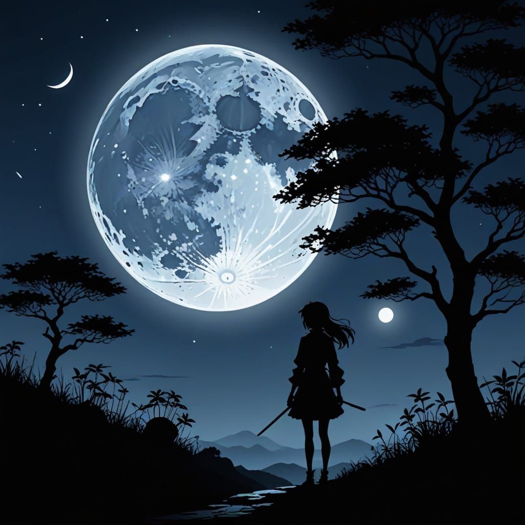 Ethereal Anime Girl Silhouette Under Full Moonlit Night