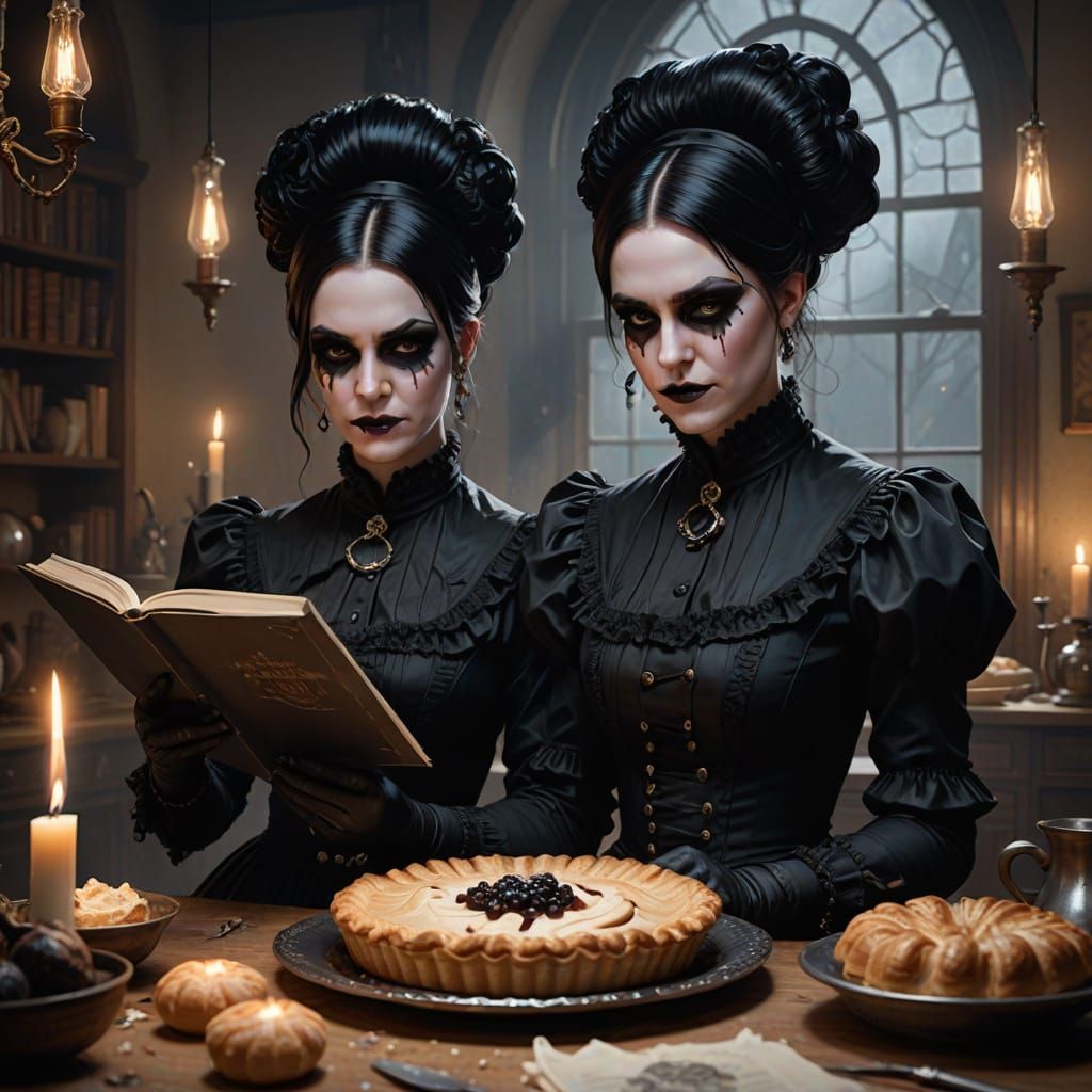 Gothic Mistresses Baking Pies in Victorian Kitchen