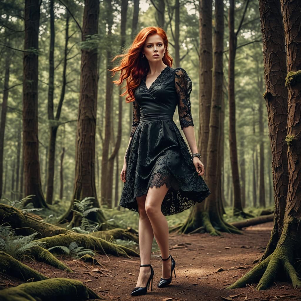 Red-Haired Woman in Forest: Hyperrealistic 64MP Image