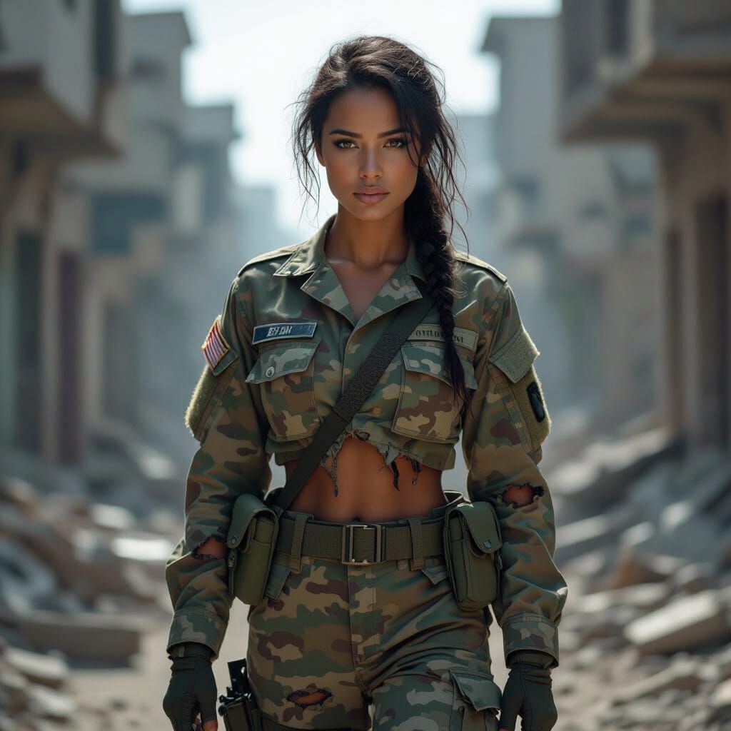 Resilient US Soldier in War-Torn City