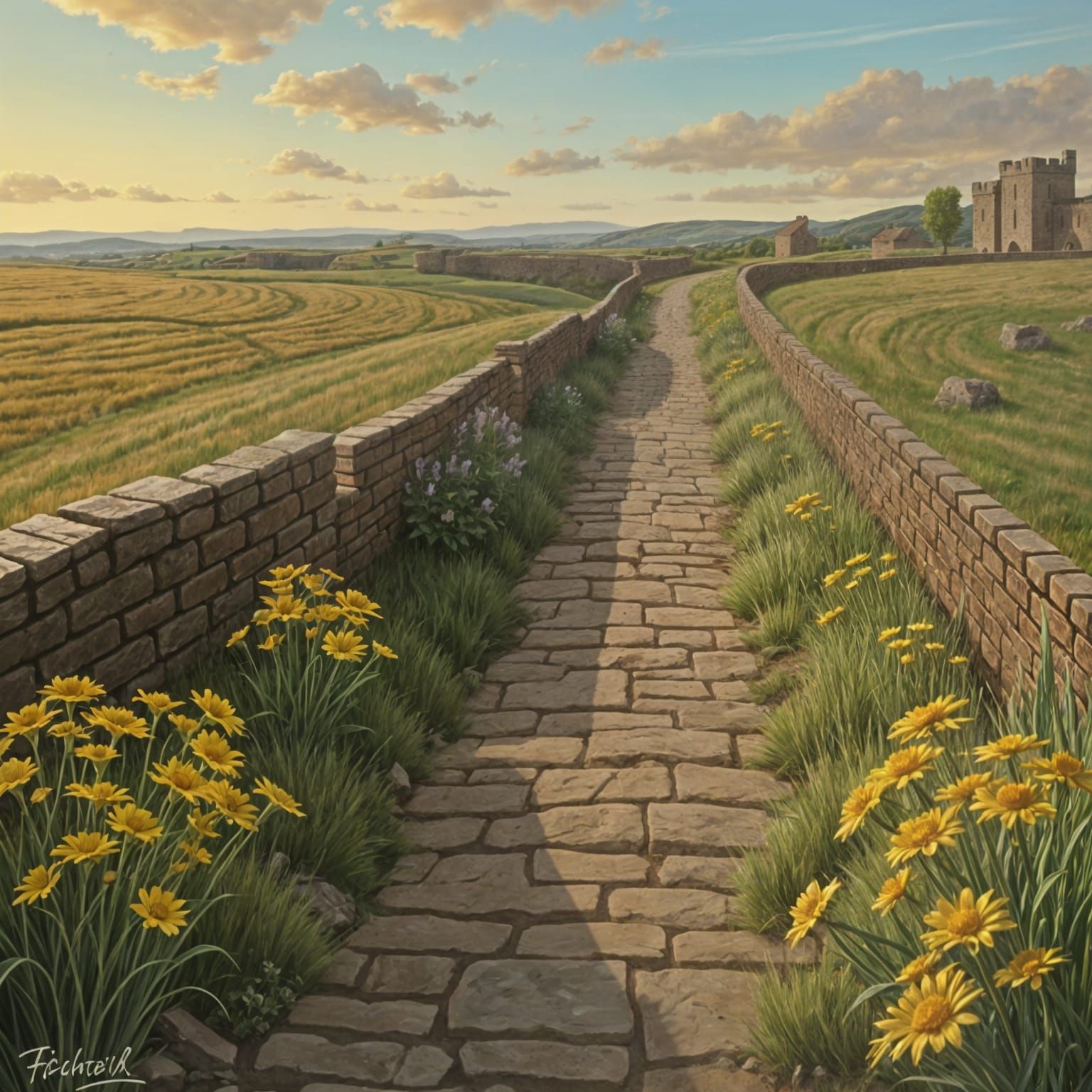 Stone Wall Path Leading to Distant Castle