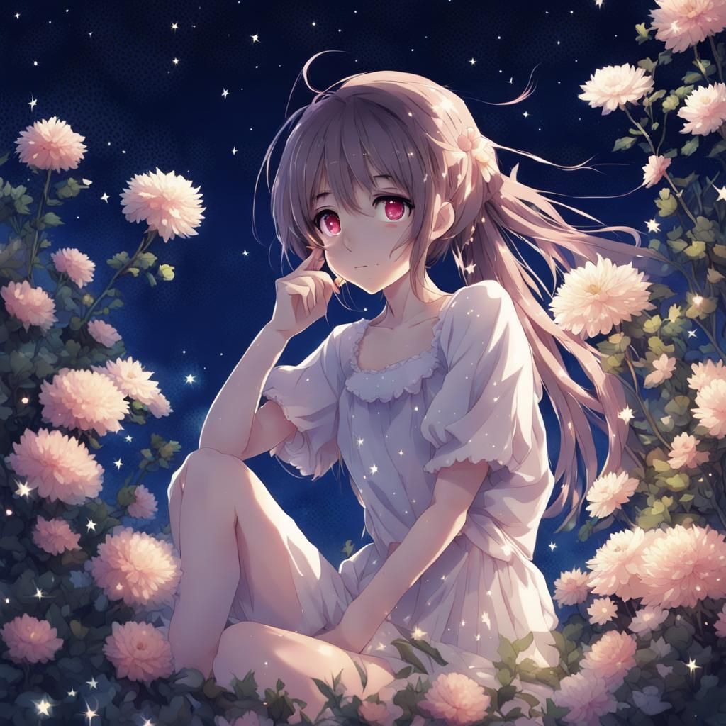Anime Girl with Flower Under Starry Night Sky