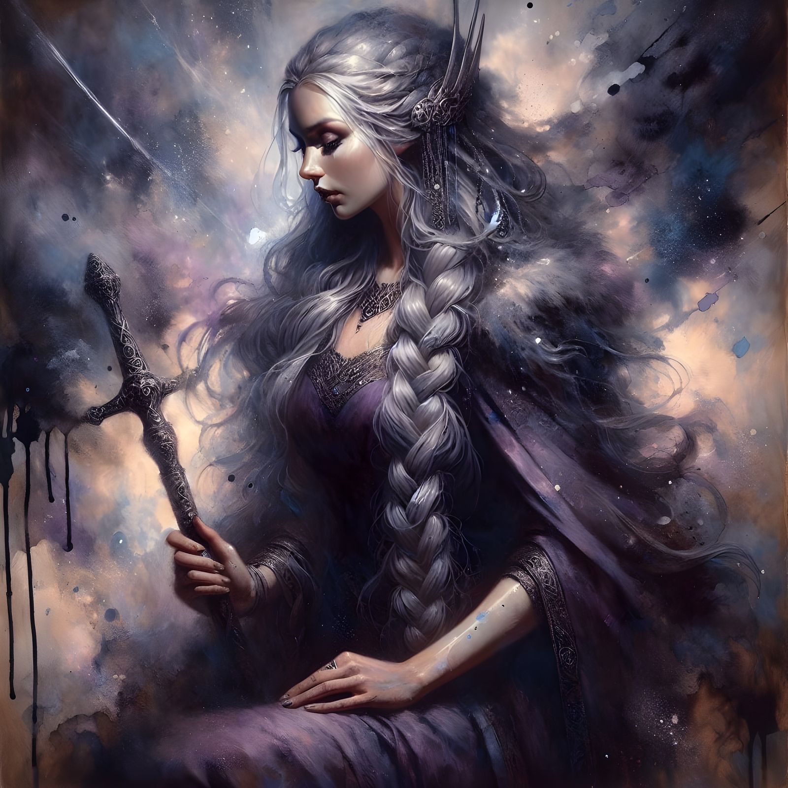 Norse Goddess in Dark, Moody Splatter Art