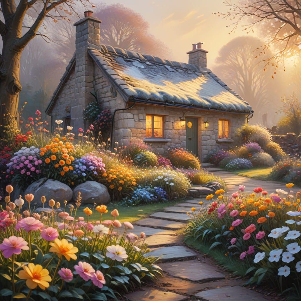 Winter Cottage Garden in Impressionist Style