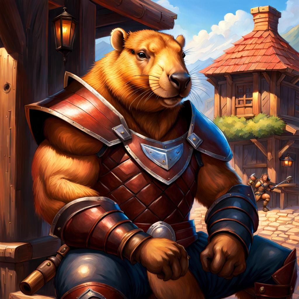 Muscular Capybara Warrior in Tavern, Digital Art