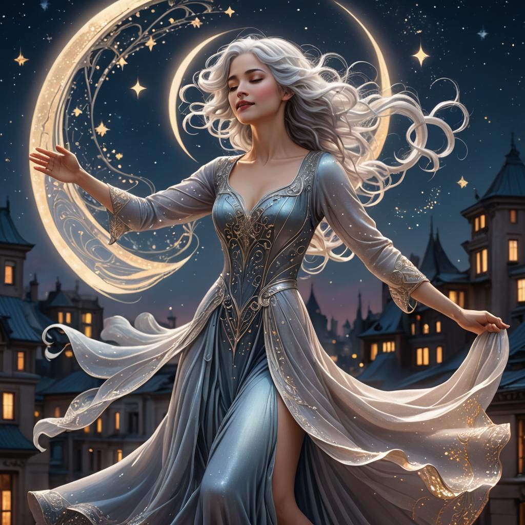 Silver-Haired Woman Dancing in Art Nouveau Style