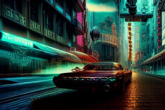 Retrofuturistic Cityscape with Steampunk and Neon Lights