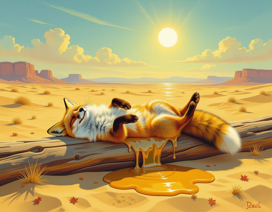 Surreal Fox Melts in Desert Sun, Oil on Canvas