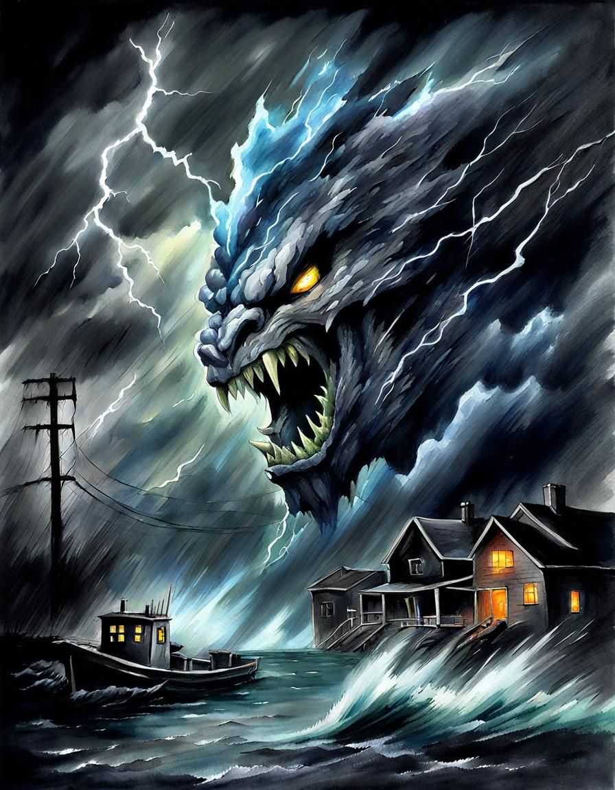 Ominous Storm Elemental Roaring Over Distant Village