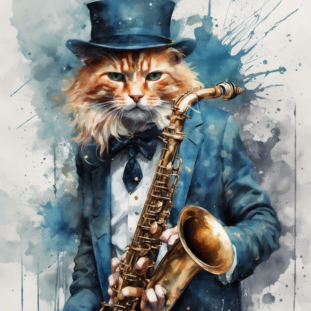 A gorgeous ginger maincoon cat playing the saxophone
