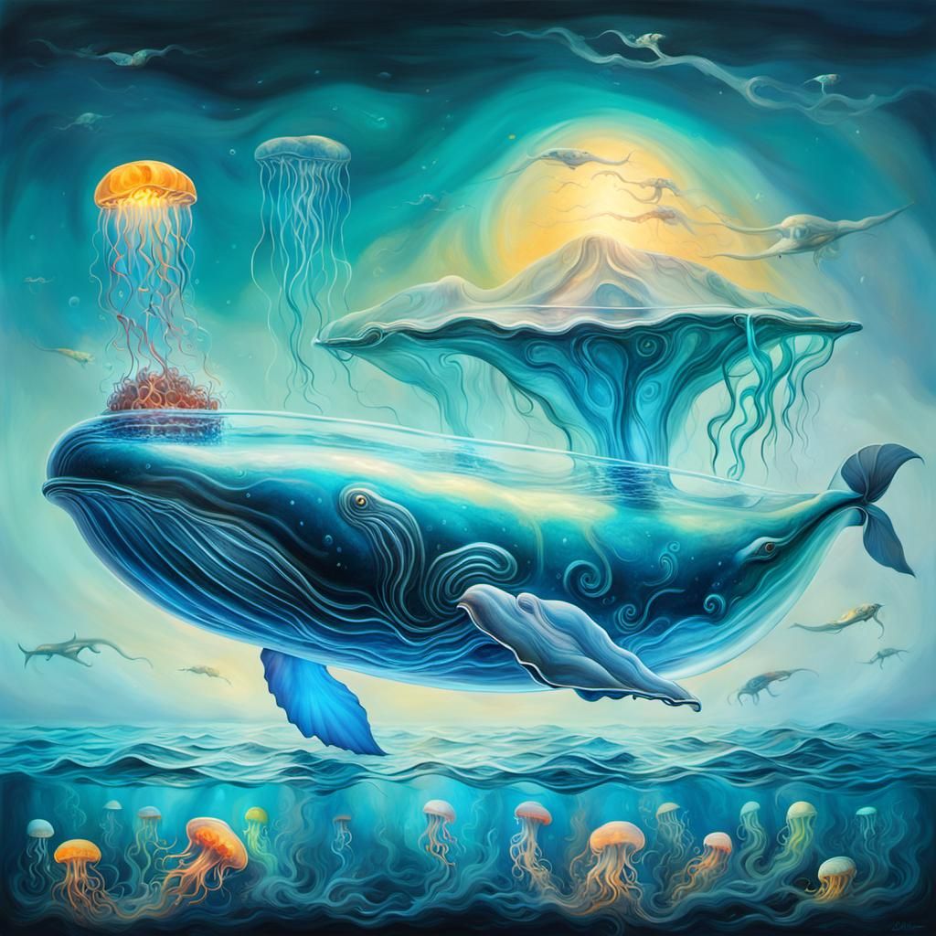 Glowing Glass Whale in Surreal Underwater Scene