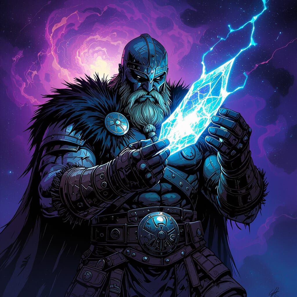 Viking Hand Grips Cosmic Energy in Nebula