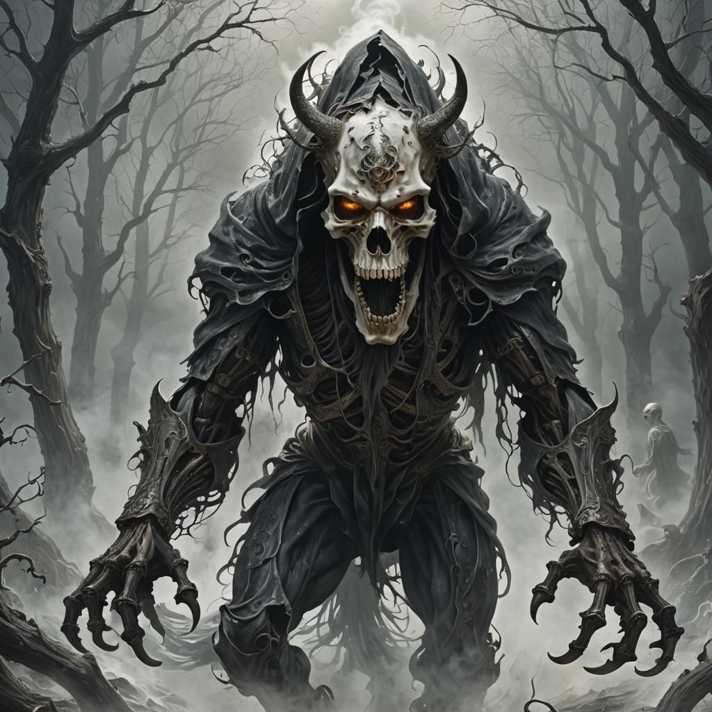 Ethereal Grim Reaper Rides a Skeletal Steed