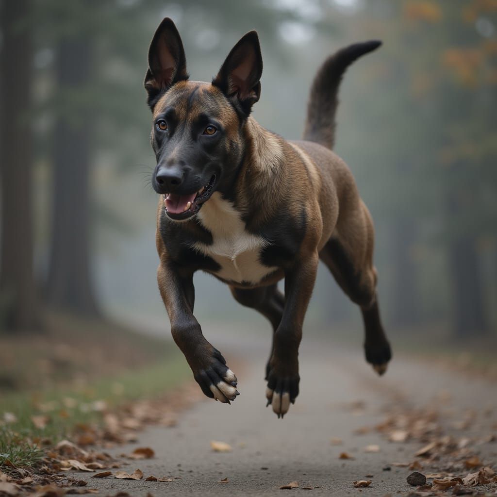 Sleek Smoke-Colored Belgian Malinois Leaps in Futuristic Rea...