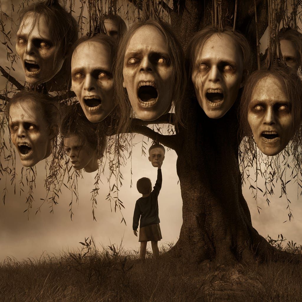 Mourning Willow Tree with Human Fruit in Sepia Tone