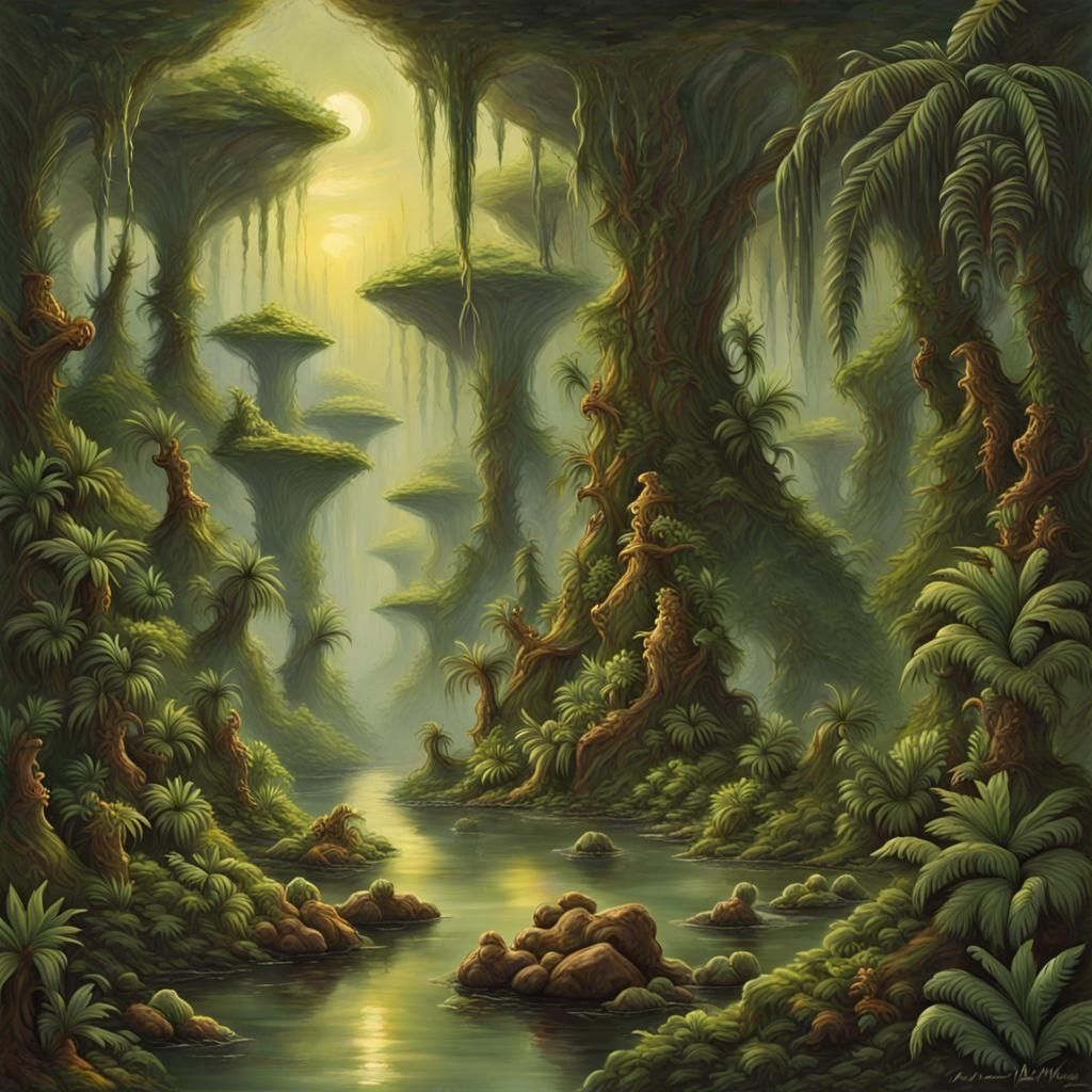 Humid Alien Jungle: Detailed Fantasy Painting