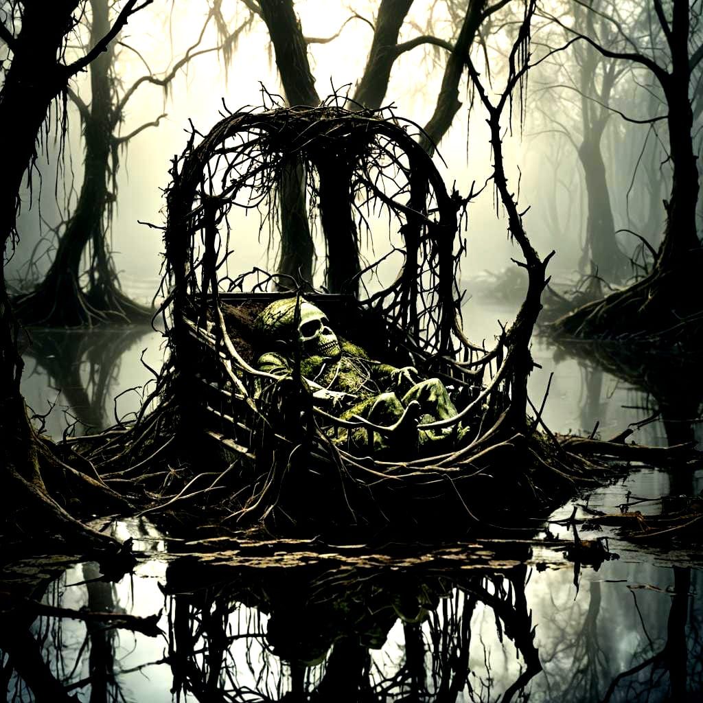 Horror Swamp Baby in Twig Cradle, Doré Style