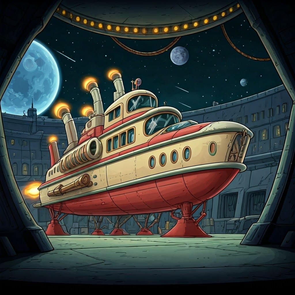 Buck Rogers-Style Retro Sci-Fi Space Ship in Steampunk Space...