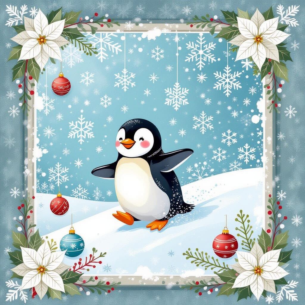 Happy Penguin Sliding on Snowy Ice with Festive Ornaments