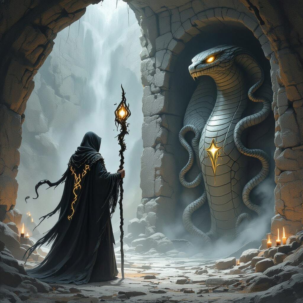 Dark Fantasy Prophet Before Serpent Idol in Underground Sanc...