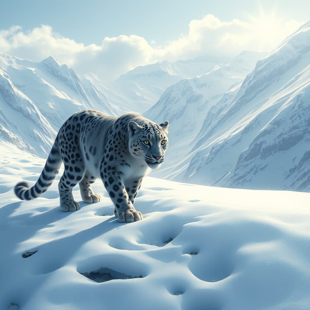 Snow Leopard in Winter Mountain Pass