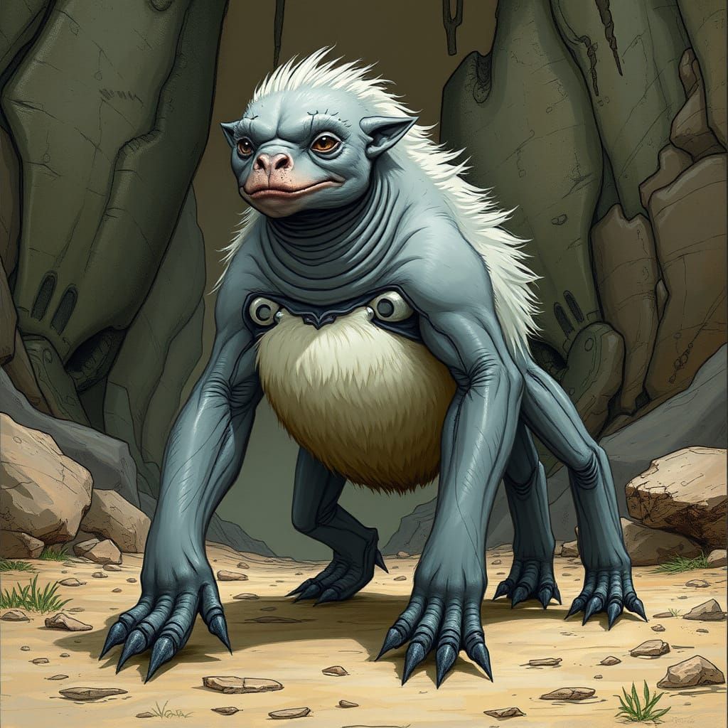 The gentle-faced human-sized grey creature Aunt Beast, who has no eyes, six legs, and a furry torso, sci-fi illustration...