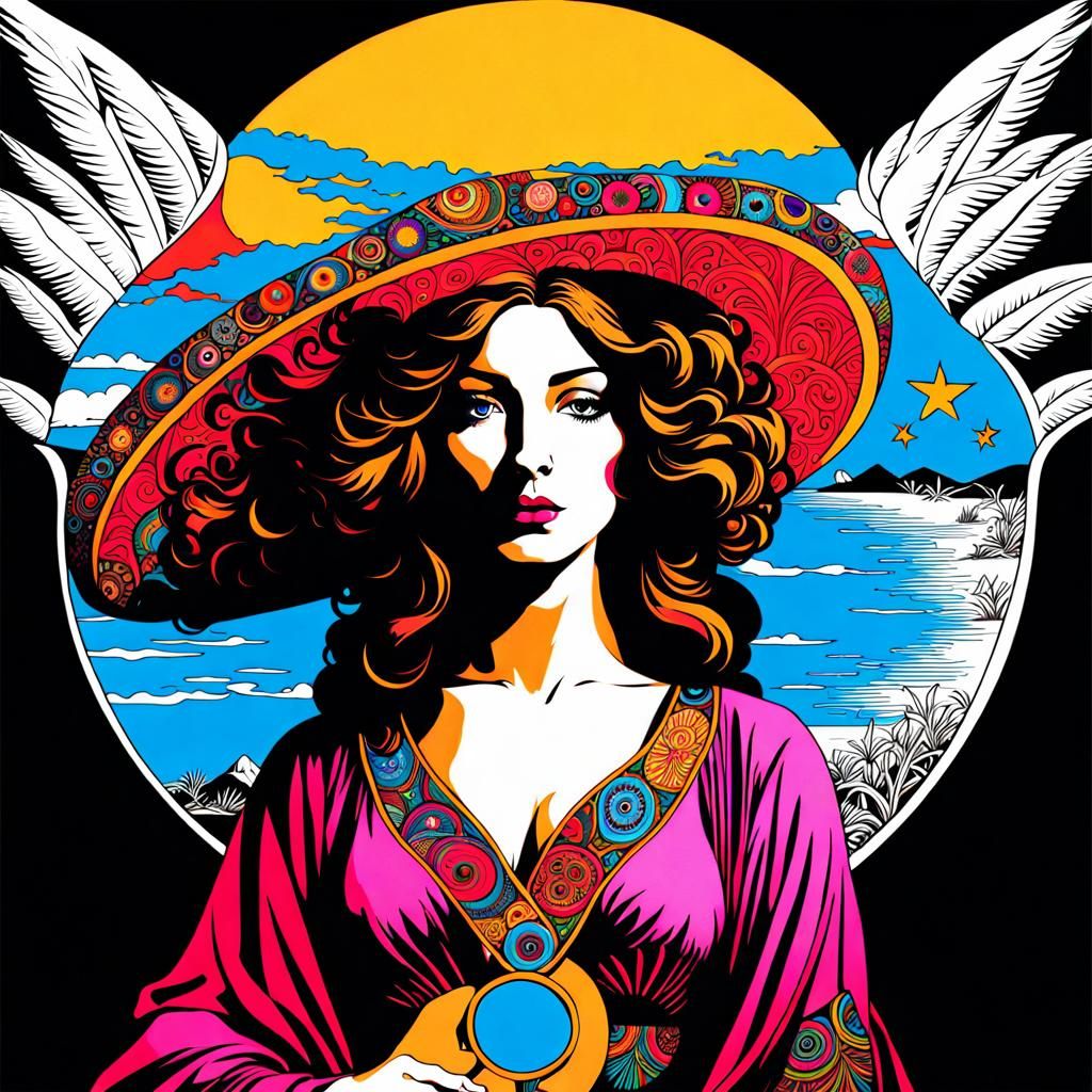 Bohemian Lady on Beach: Psychedelic Ink Print