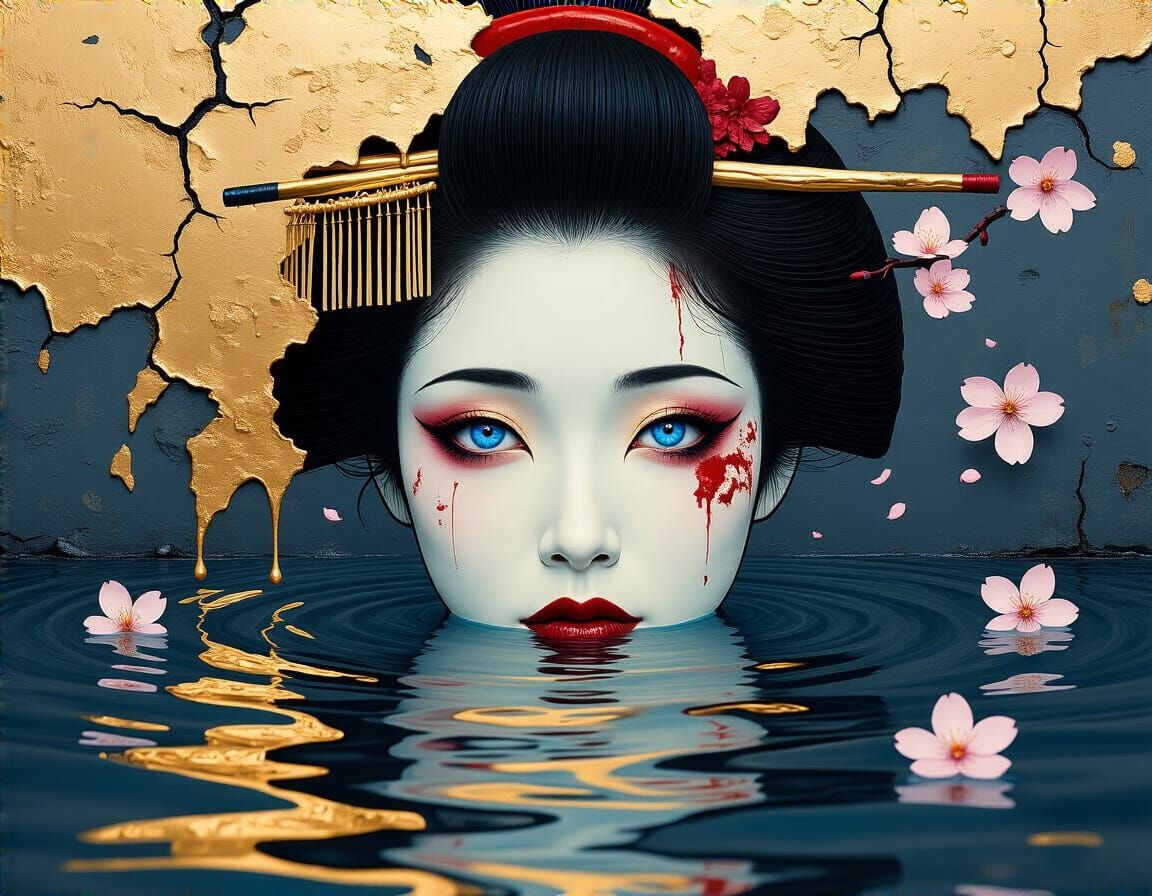 Geisha Submerged in Liquid Gold: Detailed Portrait