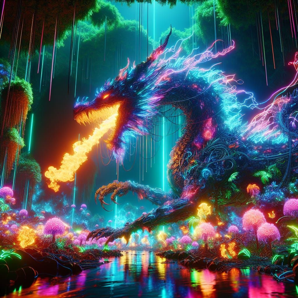 Psychedelic neon art, medium shot, massive dragon made of gl...