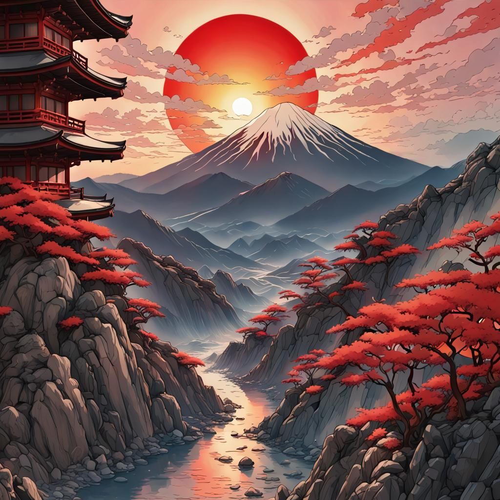 Red Sun Rising: Ink Drawing of Japan