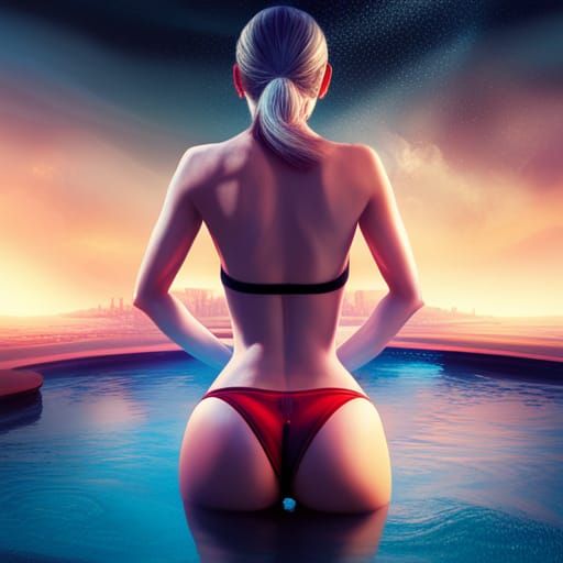 Cyberpunk Hotel: Woman in Pool, Splash Art Style