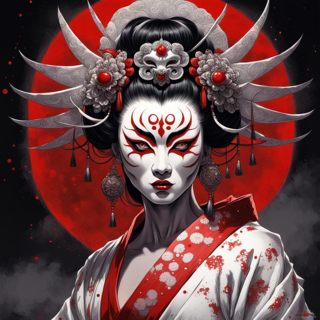 Beautiful Kabuki Mask Pin-Up in Ink Painting Style
