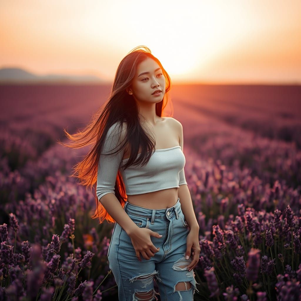Serene Japanese Woman in Lavender Field at Sunset