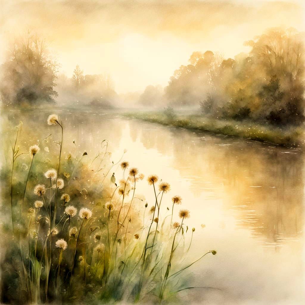 Misty Canal Watercolour with Dandelion in Rackham Style