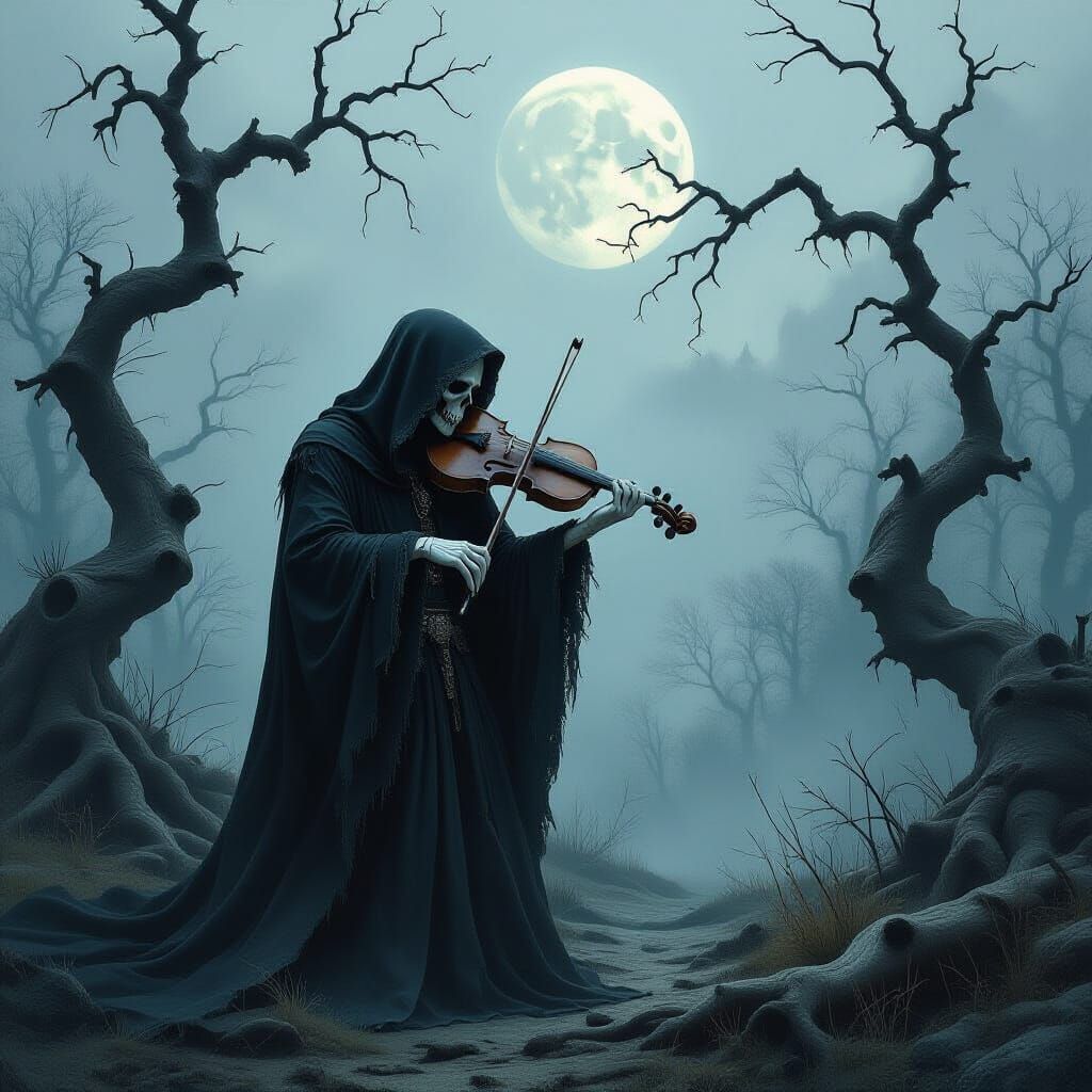 Grim Reaper's Bone Violin in Foggy Forest, Gothic Horror