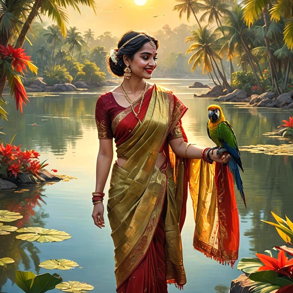 Stunning Woman in Parrot Sari with Red Lips