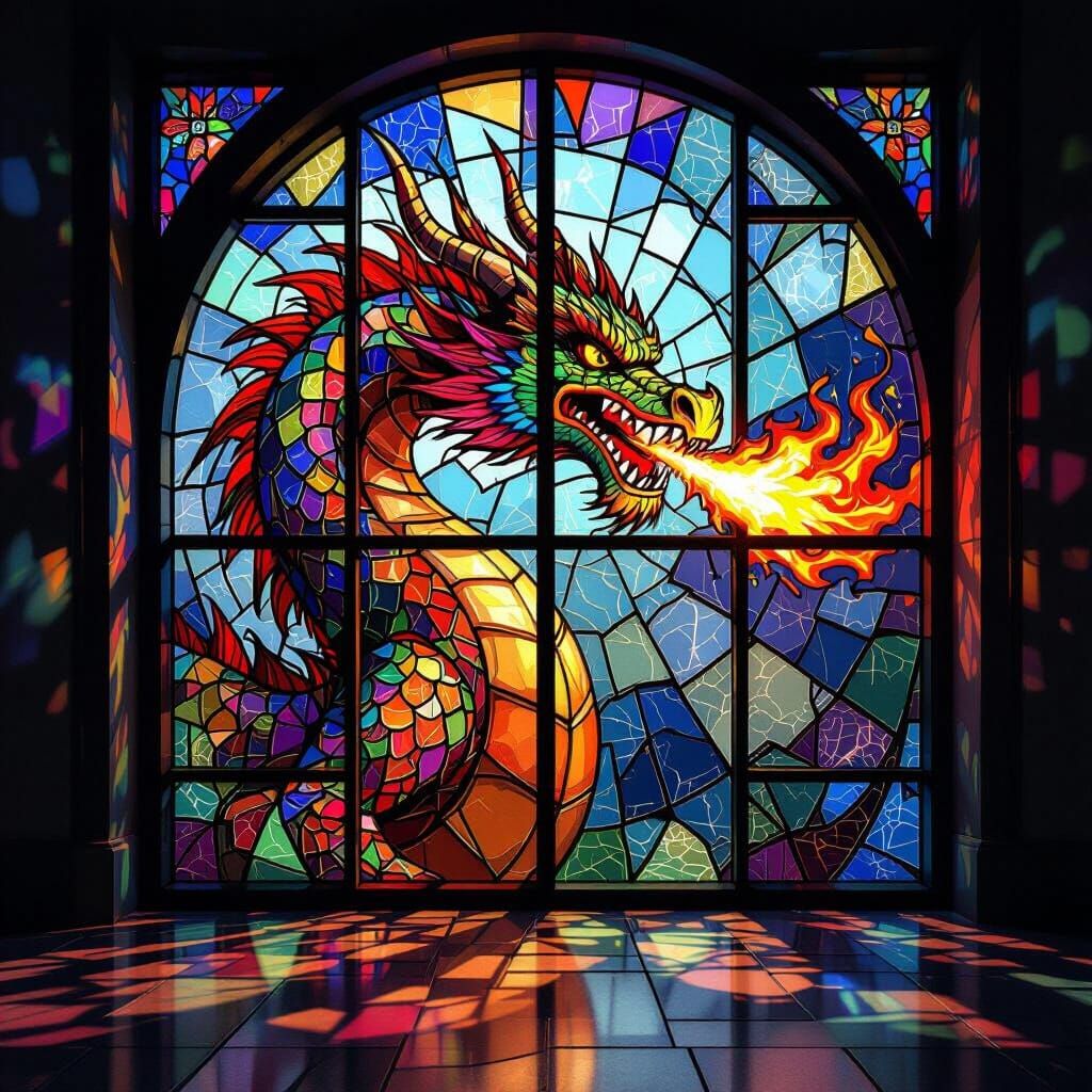 Stained Glass Dragon Breathing Fire in Geometric Style