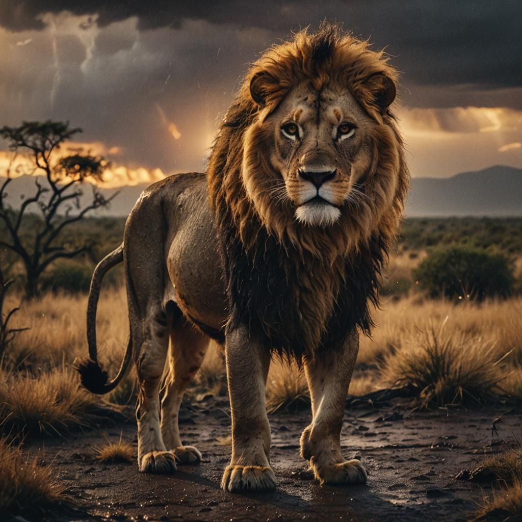 Lion in Fiery Sunset: Cinematic Wildlife Photography