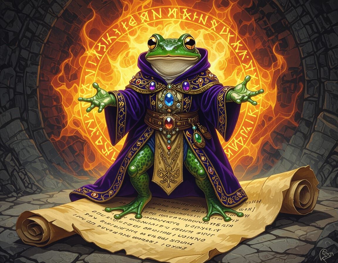 Frog Wizard in Ornate Robes and Fiery Aura