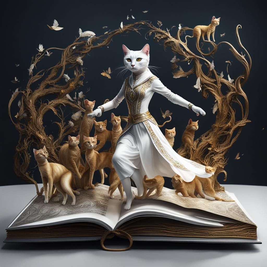 Create a pop-up antik book, a White dancing womens, a totally beautiful women, a silver and gold cat, ultra realistic, 6...