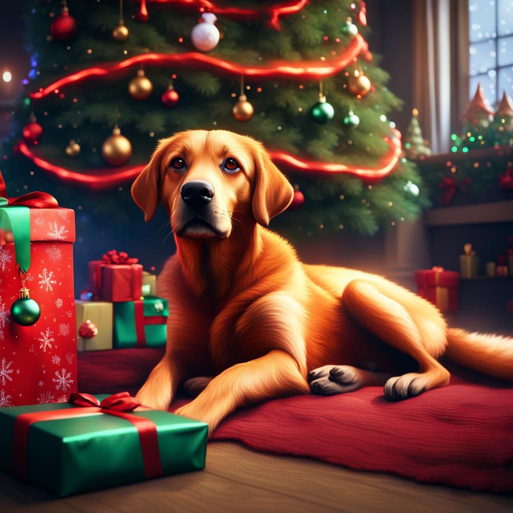 Fox Red Labrador and Christmas Tree: Detailed Digital Art