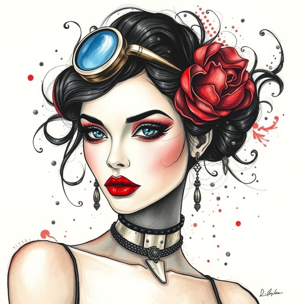 Steampunk Woman's Face in Ink and Watercolor